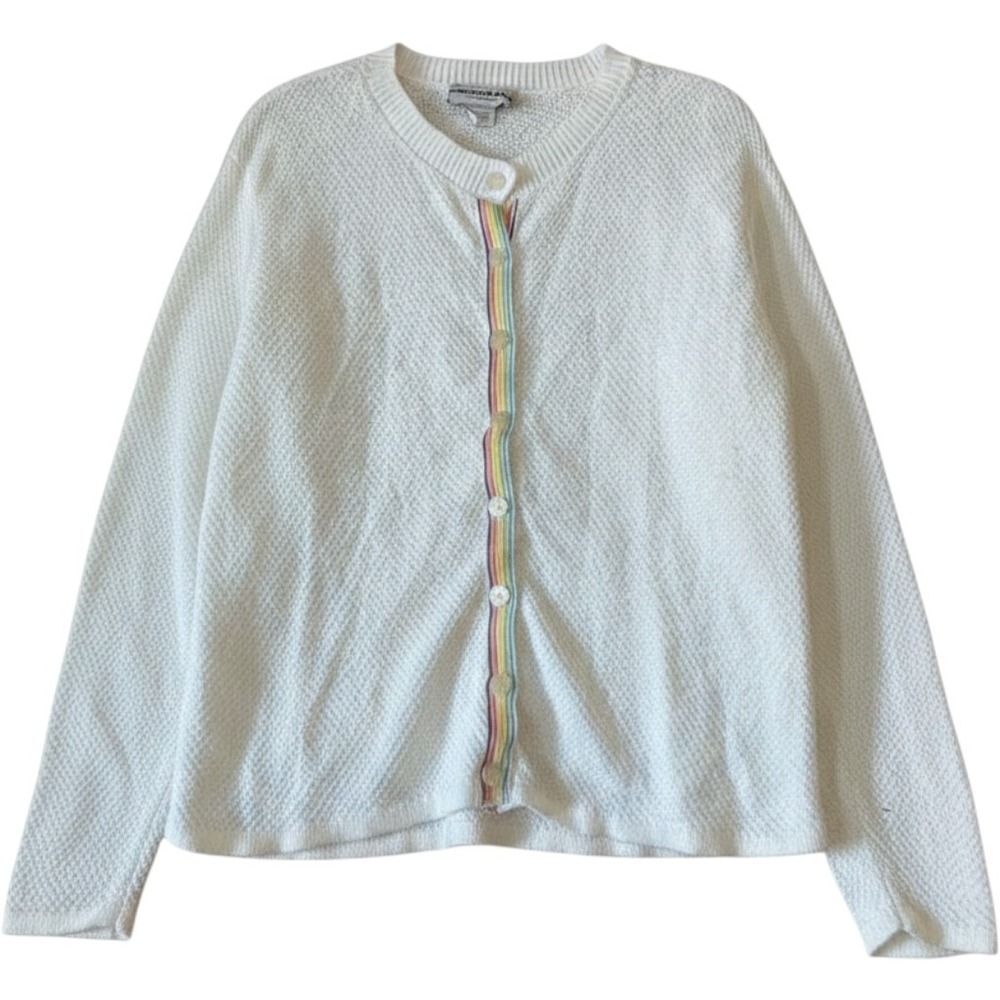 Misolli Cardigan Medium White Rainbow Trim Button Front‎ Knit Retro Grannycore